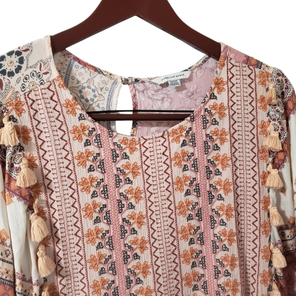 SOLD-American Eagle Pink Patchwork Peasant Top Boho Embroidered Tassel Flare M - Picture 4 of 16